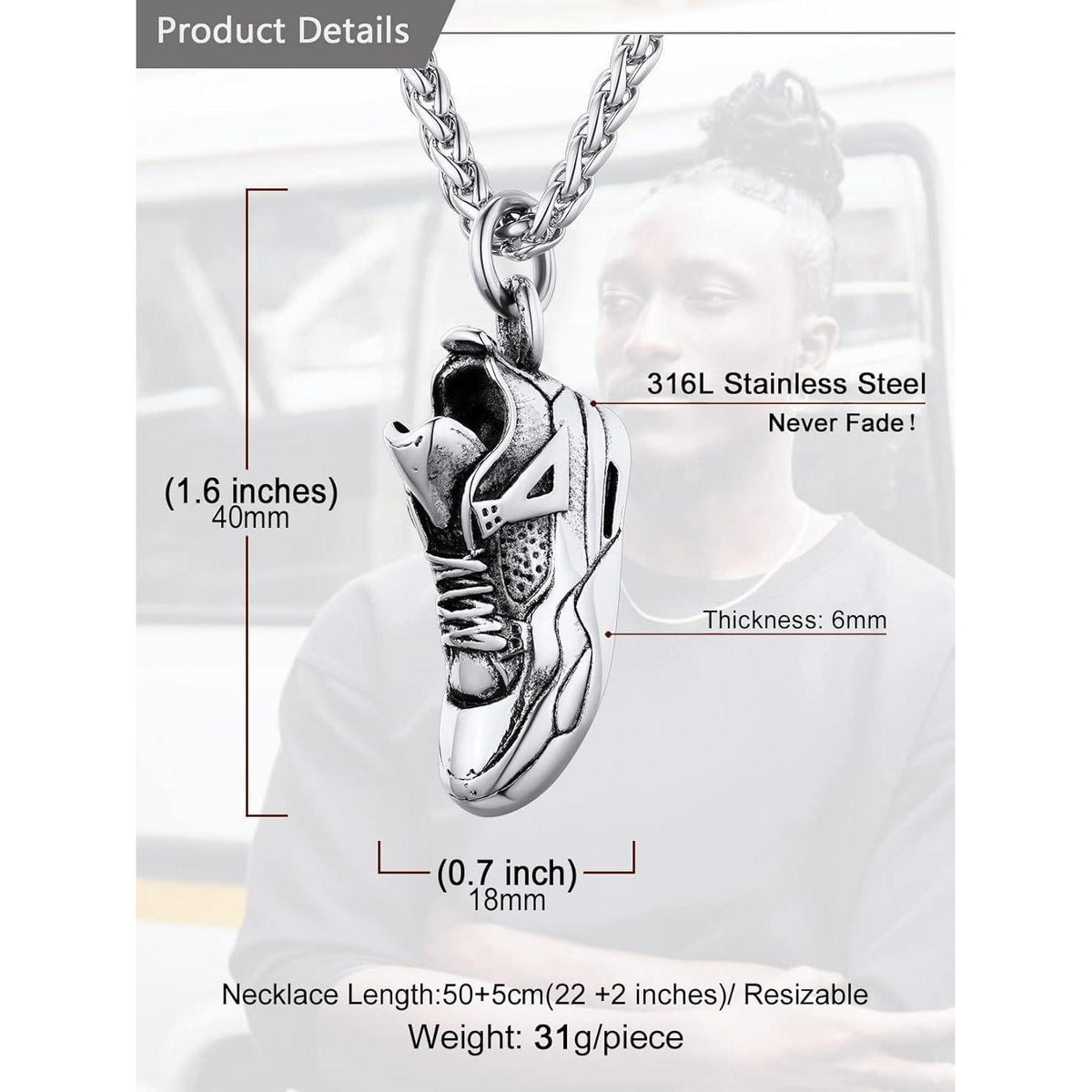 Herren Kette mit Sneaker Anhänger aus Edelstahl, Silber