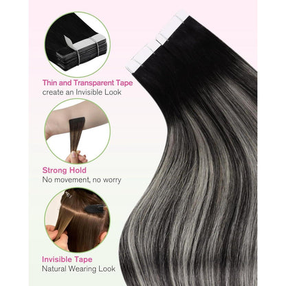 Silberne Echthaar Tape Extensions - Ombre Schwarz Silber 35cm