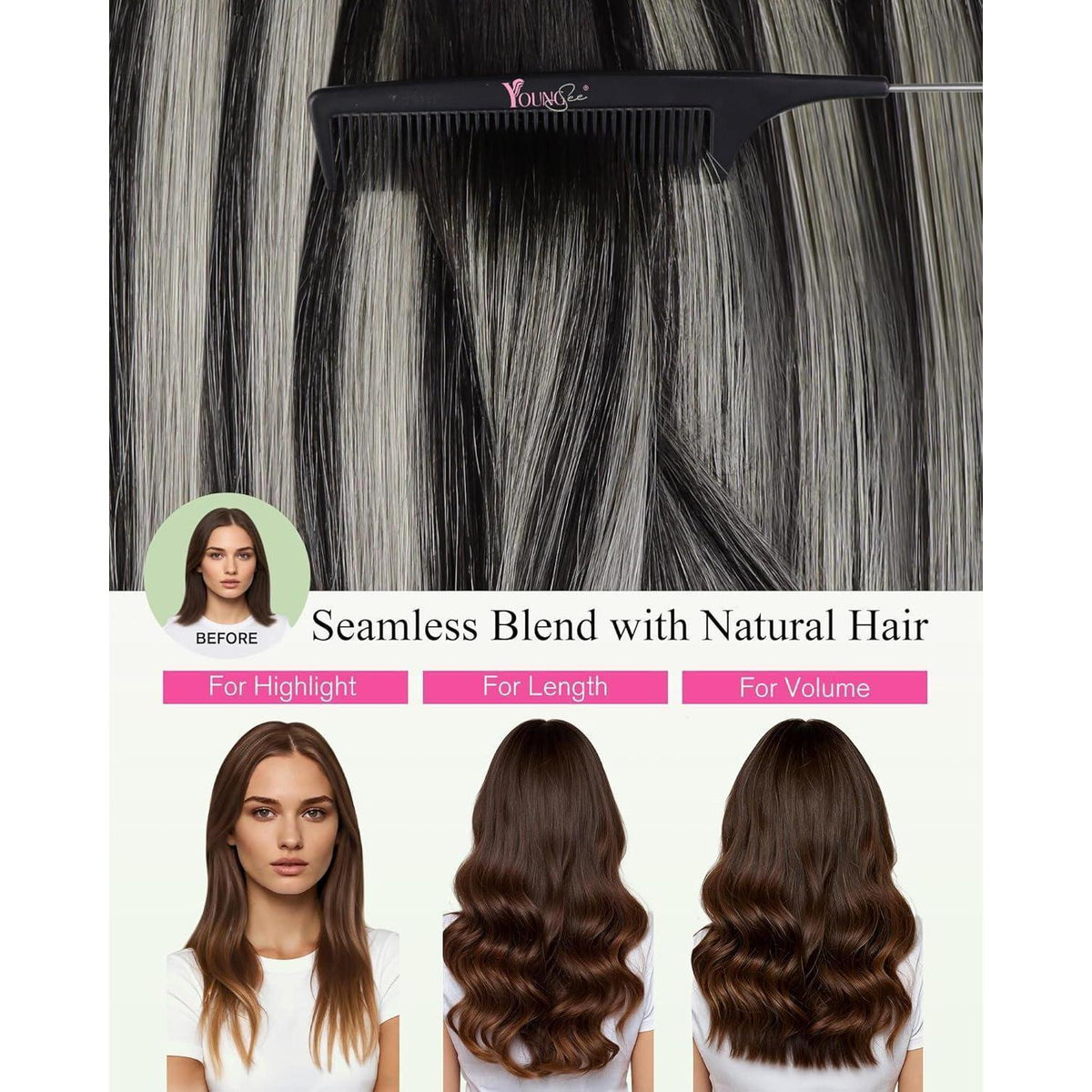 Silberne Echthaar Tape Extensions - Ombre Schwarz Silber 35cm