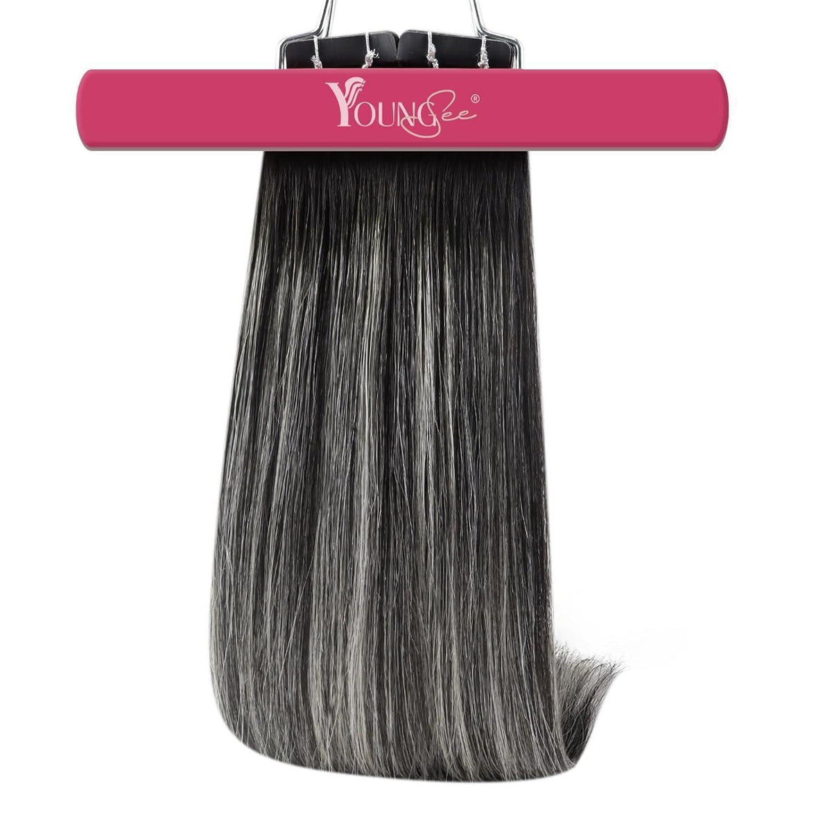 Silberne Echthaar Tape Extensions - Ombre Schwarz Silber 35cm
