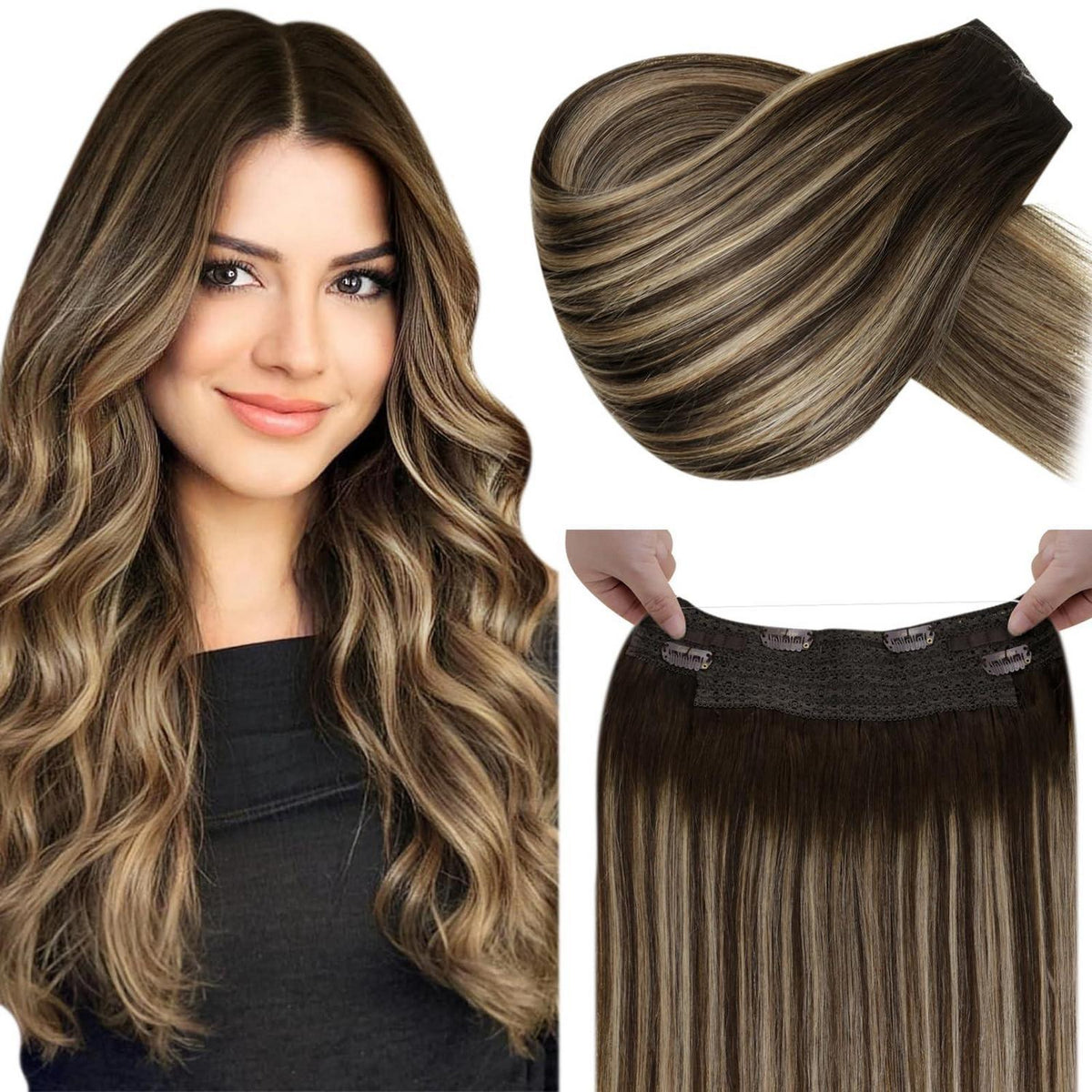 Echthaar Verlängerung Braun Ombre Aschblond Draht 50cm