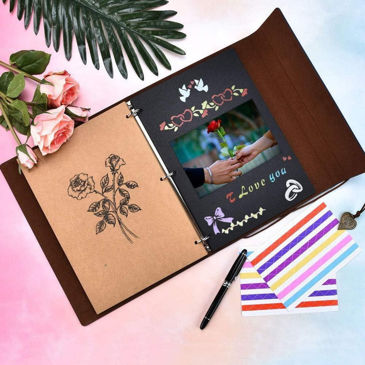 Nachfüllbares Scrapbook Album für Erinnerungen, Rose Braun in Lederoptik