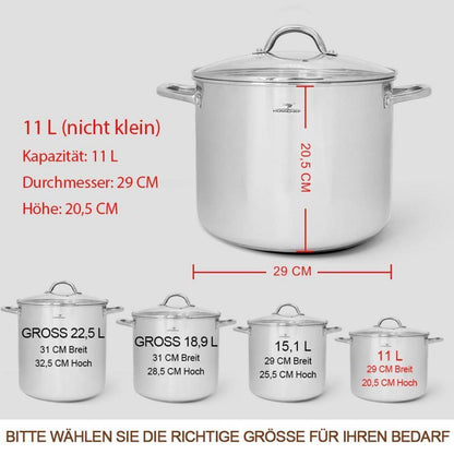 Großer Edelstahl-Suppentopf 11 Liter mit Deckel