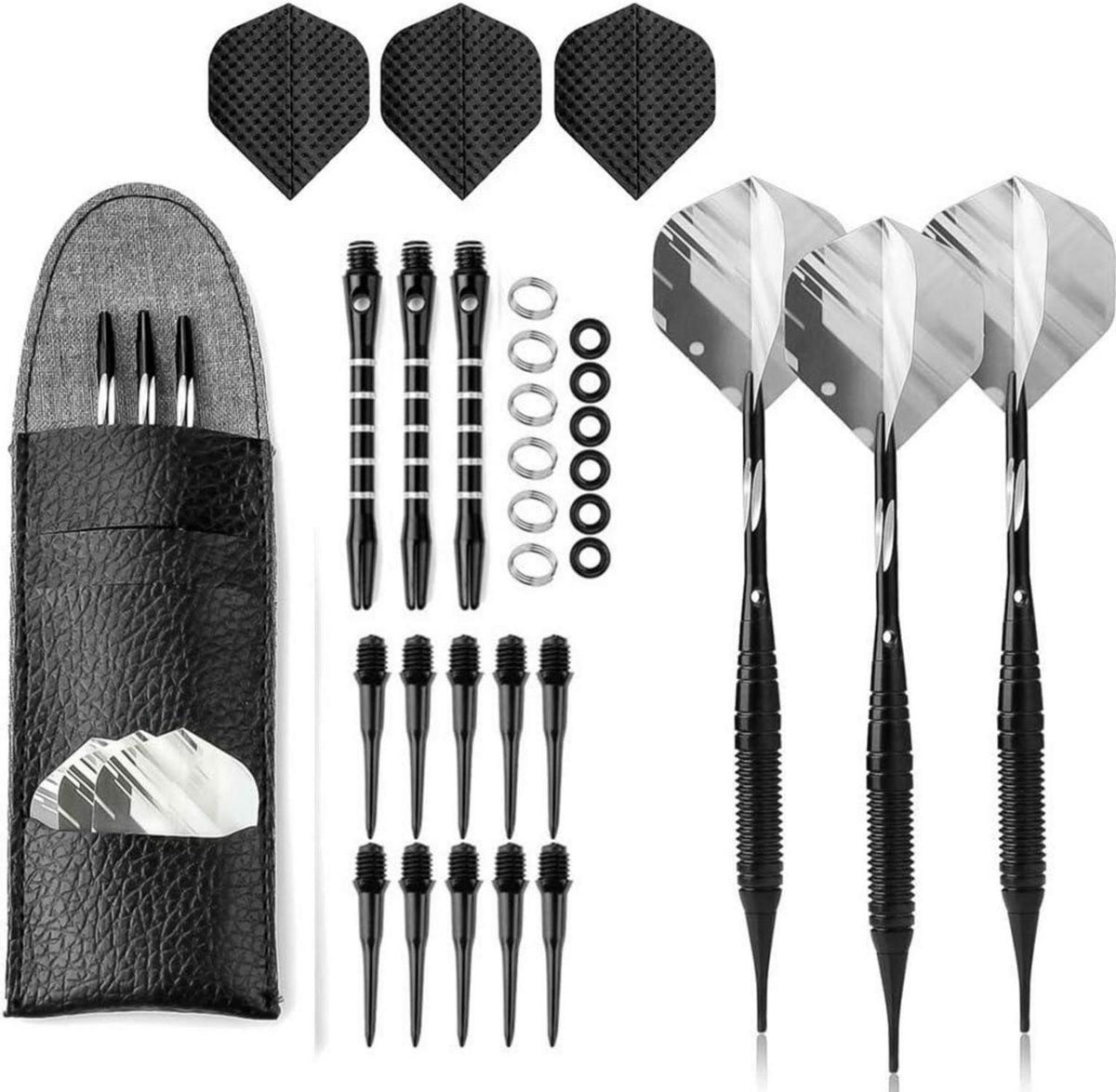 Softdart Dartpfeile 19g mit Zubehör Tasche Schwarz Rot Blau Green