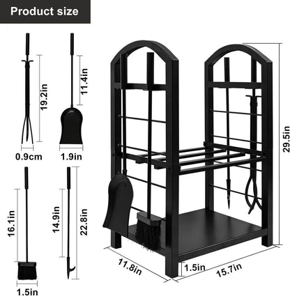 Kaminholzregal mit 4 Kaminwerkzeugen 74x40x30cm in Schwarz