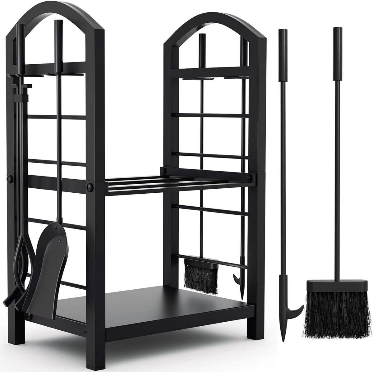 Amagabeli Kaminholzregal mit 4 Kaminwerkzeugen Schwarz 74x40x30cm
