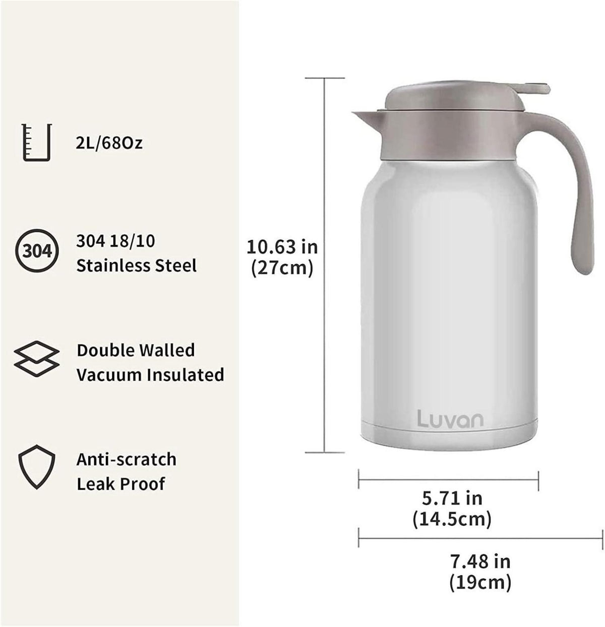Isolierte Kaffeekanne 2L Edelstahl Thermoskanne Vakuum Doppelwand White