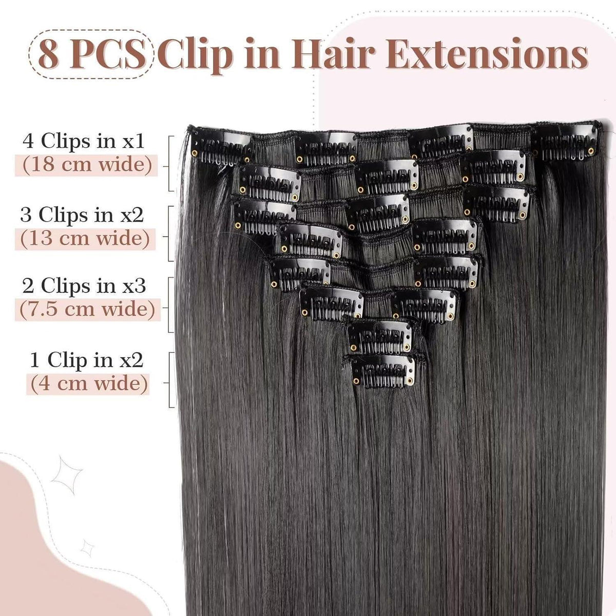 Clip in Haarverlängerung Schwarz 66cm - 8 Tressen, 18 Clips