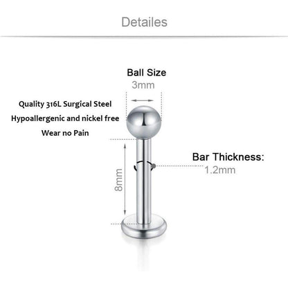 6er Set Labret Piercing 16G Acryl & Chirurgenstahl, klar/silber