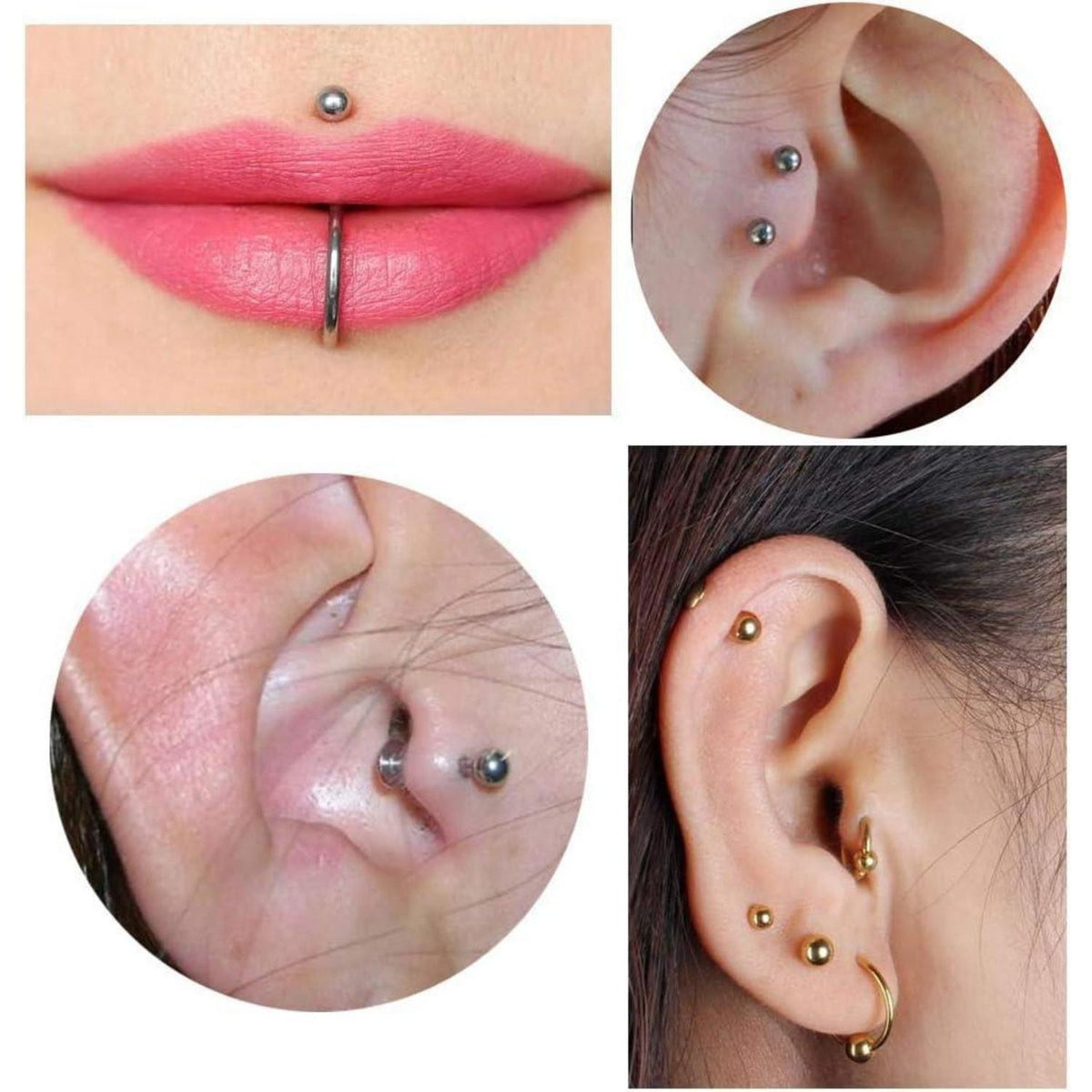 6er Set Labret Piercing 16G Acryl & Chirurgenstahl, klar/silber