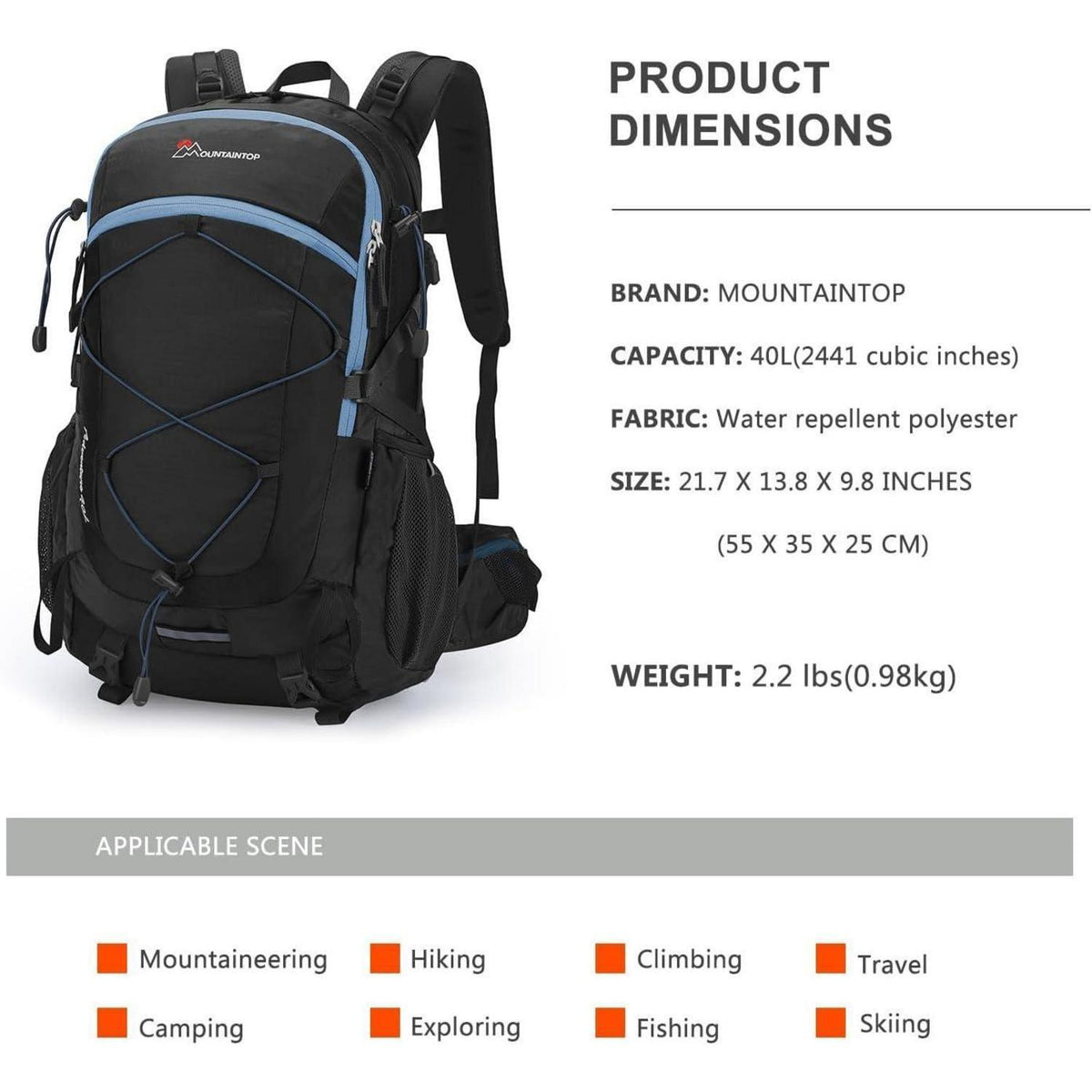 Wanderrucksack 40L Herren Damen Trekking Camping Reisen - Schwarz Blau