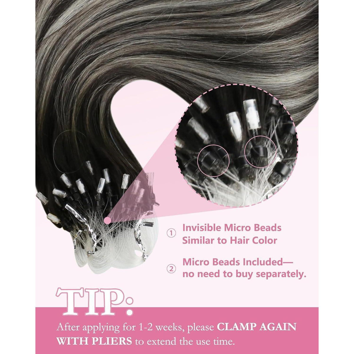 Echthaar Microring Extensions Silber 55 cm – 1B/S/1B