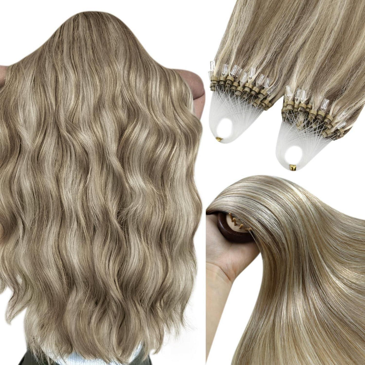 Echthaar Micro Ring Extensions Hellbraun mit Blond Highlights 60cm