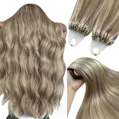 Echthaar Micro Ring Extensions Hellbraun mit Blond Highlights 60cm