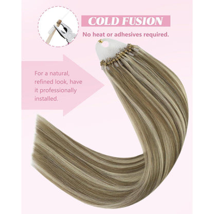 Echthaar Micro Ring Extensions Hellbraun mit Blond Highlights 60cm