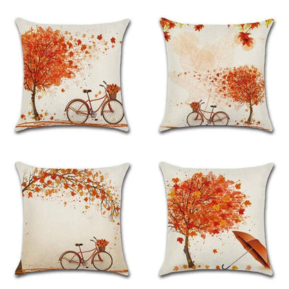 Herbst Kissenbezug 4er Set 45x45 cm Ahornbaum & Fahrrad