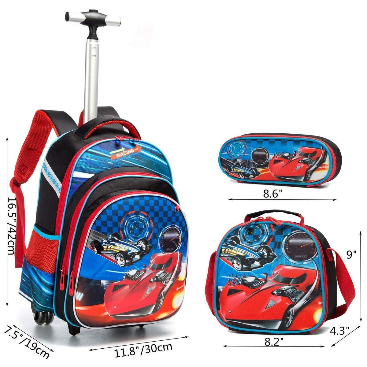 Mädchen Rollrucksack mit Rädern & Koffer Set – Rotes Auto
