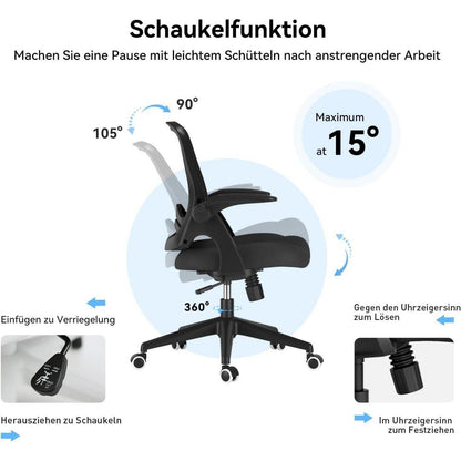 Ergonomischer Bürostuhl mit hochklappbaren Armlehnen, Schwarz