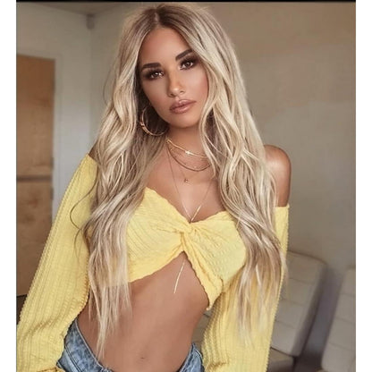 Blonde Lockenperücke Damen Lang Wavy Ombre Perücke mit Haarnetz