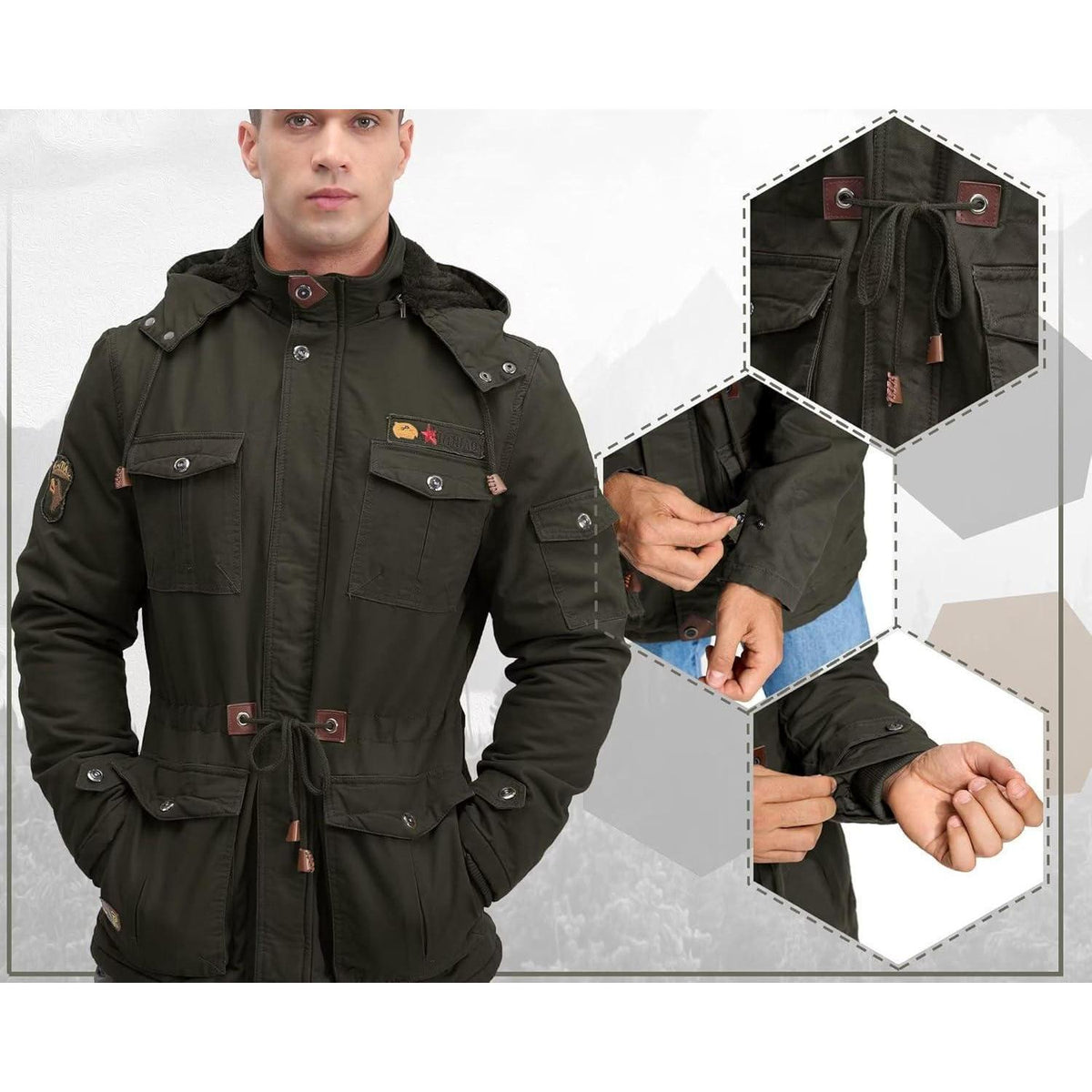 Herren Winterparka Fleecegefüttert mit Taschen & Kapuze Dunkeloliv