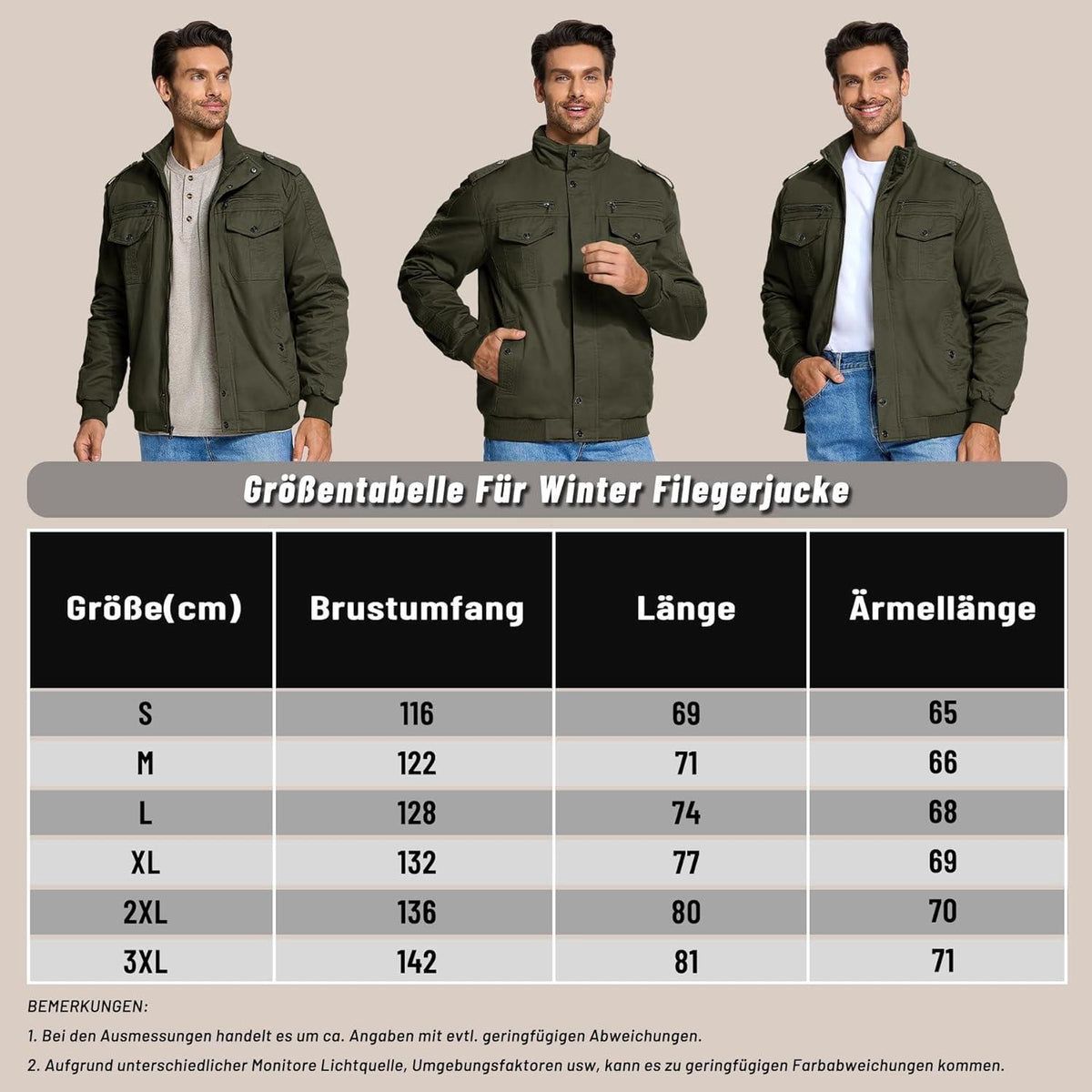 Herren Winterjacke Sherpa gefüttert Militär Cargo Stehkragen Grün
