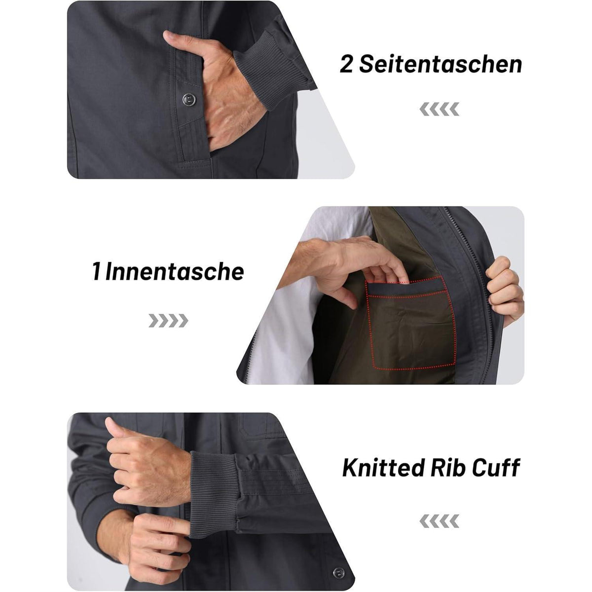 Herren Übergangsjacke Cargo Militärjacke Winddicht Grau XL