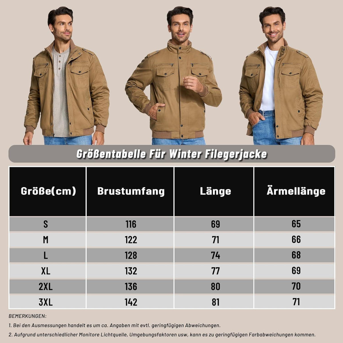 Herren Winterjacke Sherpa gefüttert Khaki L