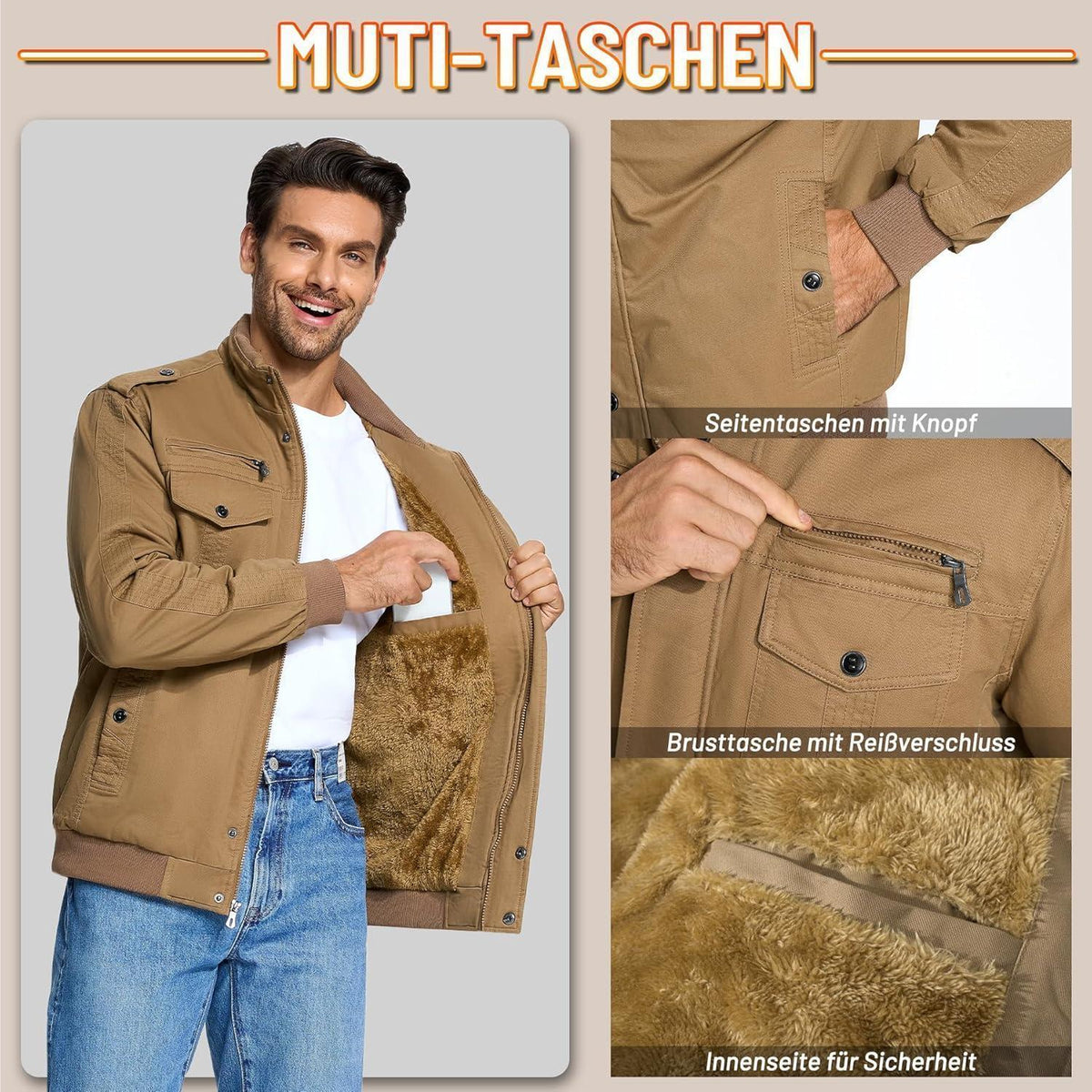 Herren Winterjacke Sherpa Gefüttert Khaki S