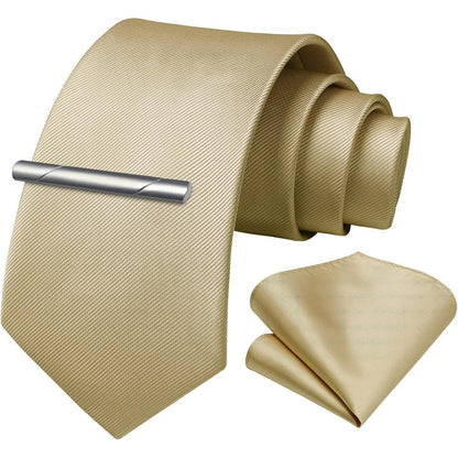 Herren Krawatten-Set mit Einstecktuch & Krawattenklammer, Beige