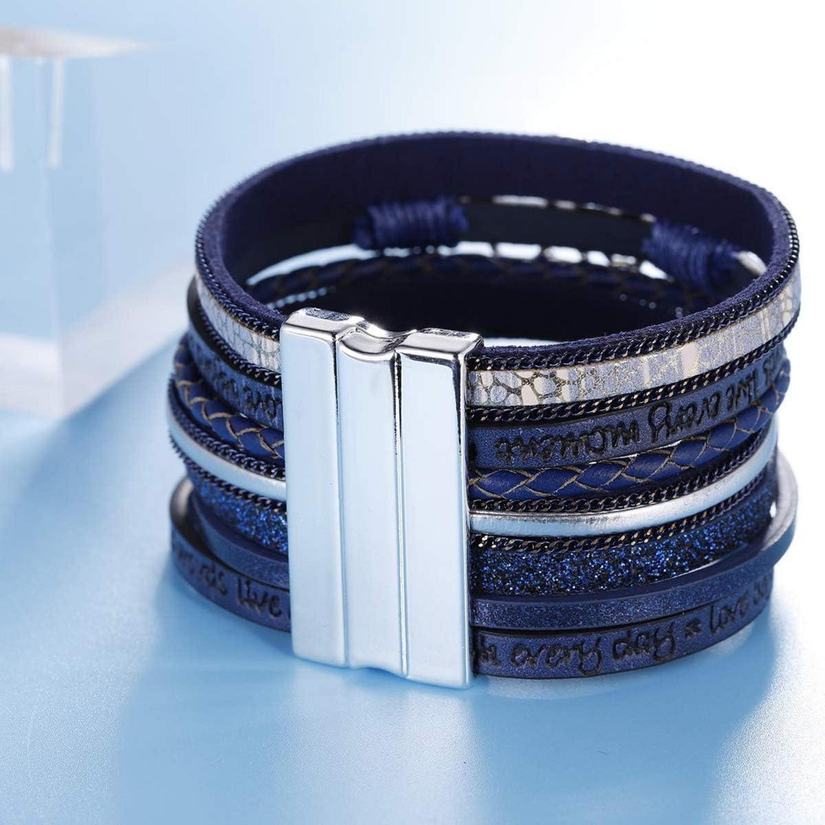 GW Wrap Armband Handmade Leder Frauen Blau Armreif Boho Perlen