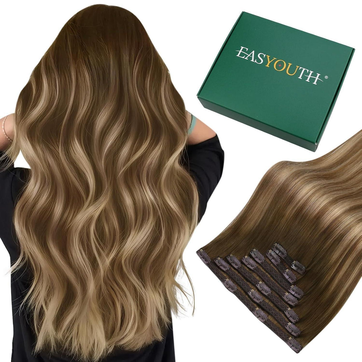 Clip-In Haarverlängerung Ombre Braun Blond Echthaar 55cm