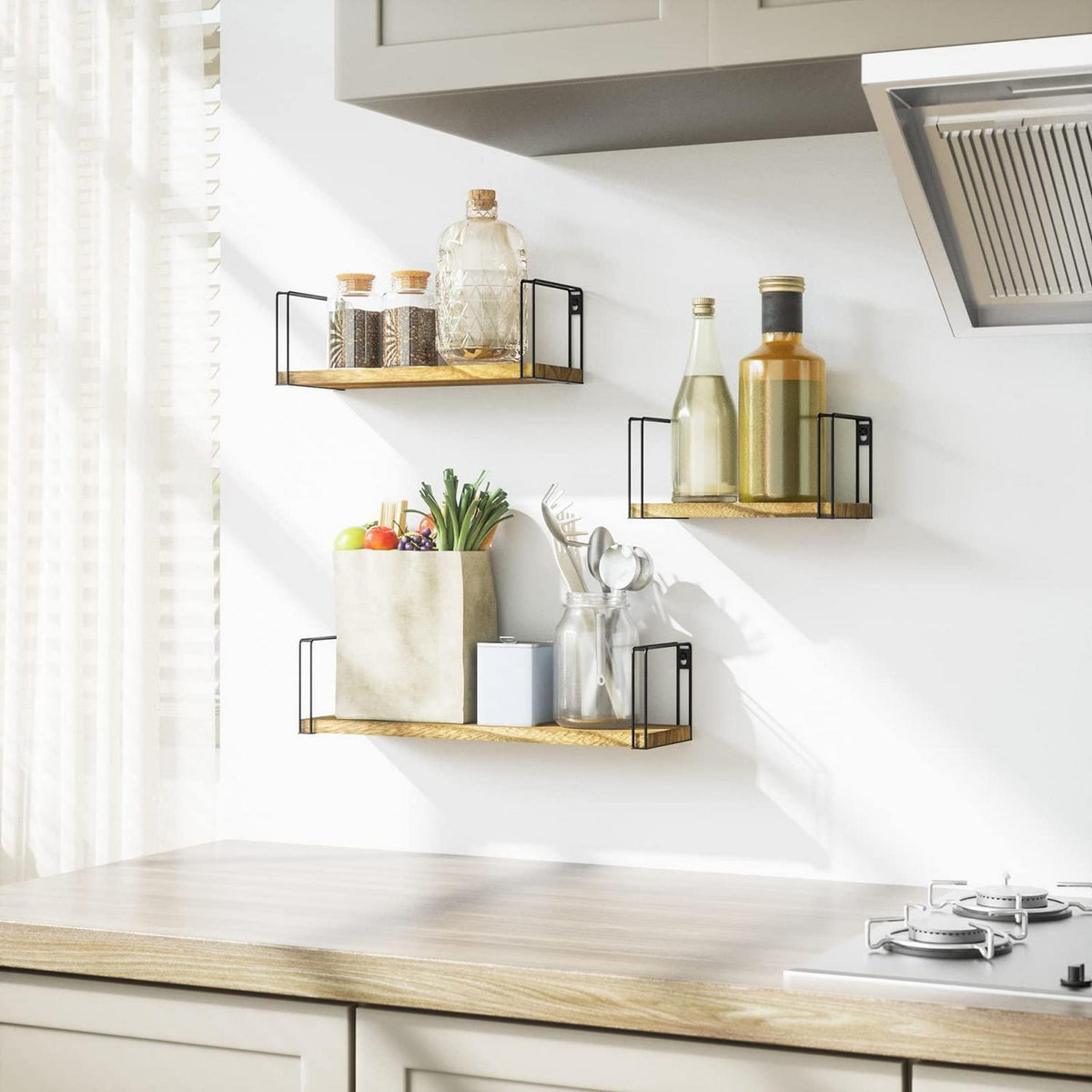 Holz Wandregal 3er Set – Rustikales Schweberegal für Küche & Bad