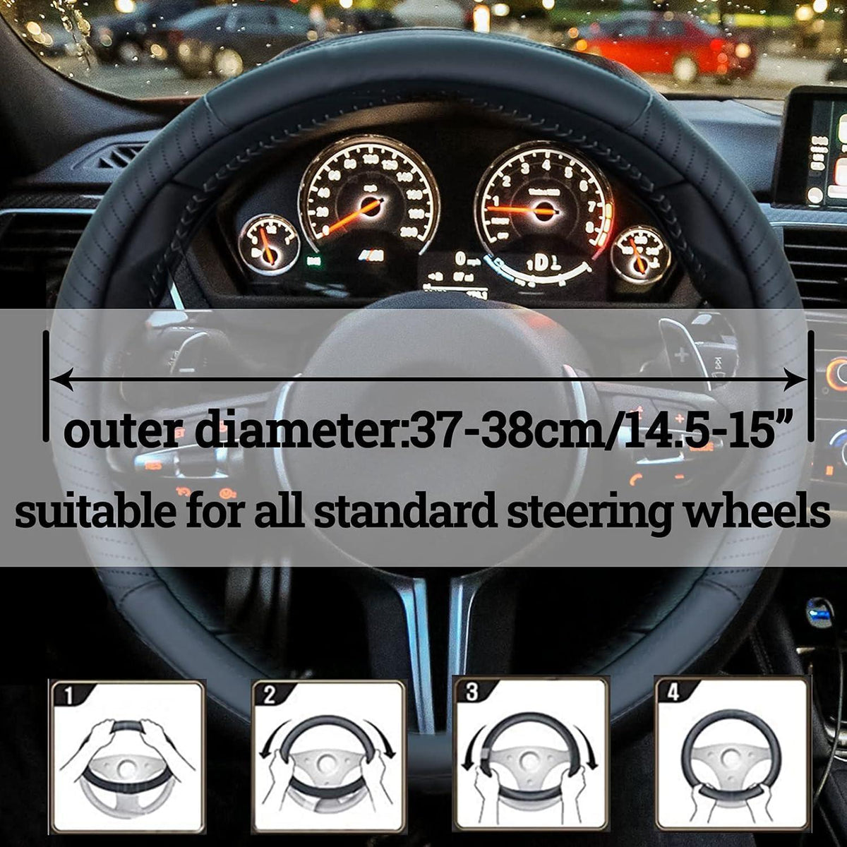 Lenkradbezug, Anti Rutsch, 37-38cm, Universal Schwarz in Lederoptik