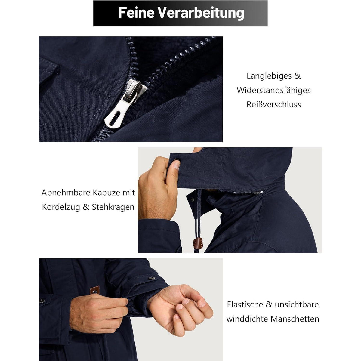 Herren Winterparka Fleecegefüttert mit Kapuze & Taschen Dunkelblau