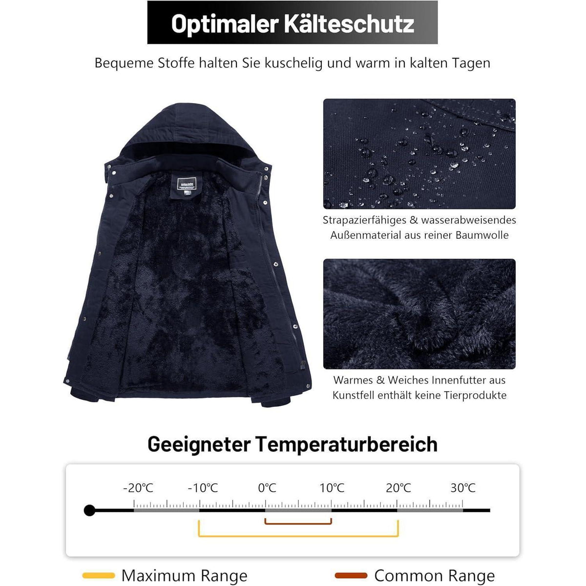 Herren Winterparka Fleecegefüttert mit Kapuze & Taschen Dunkelblau