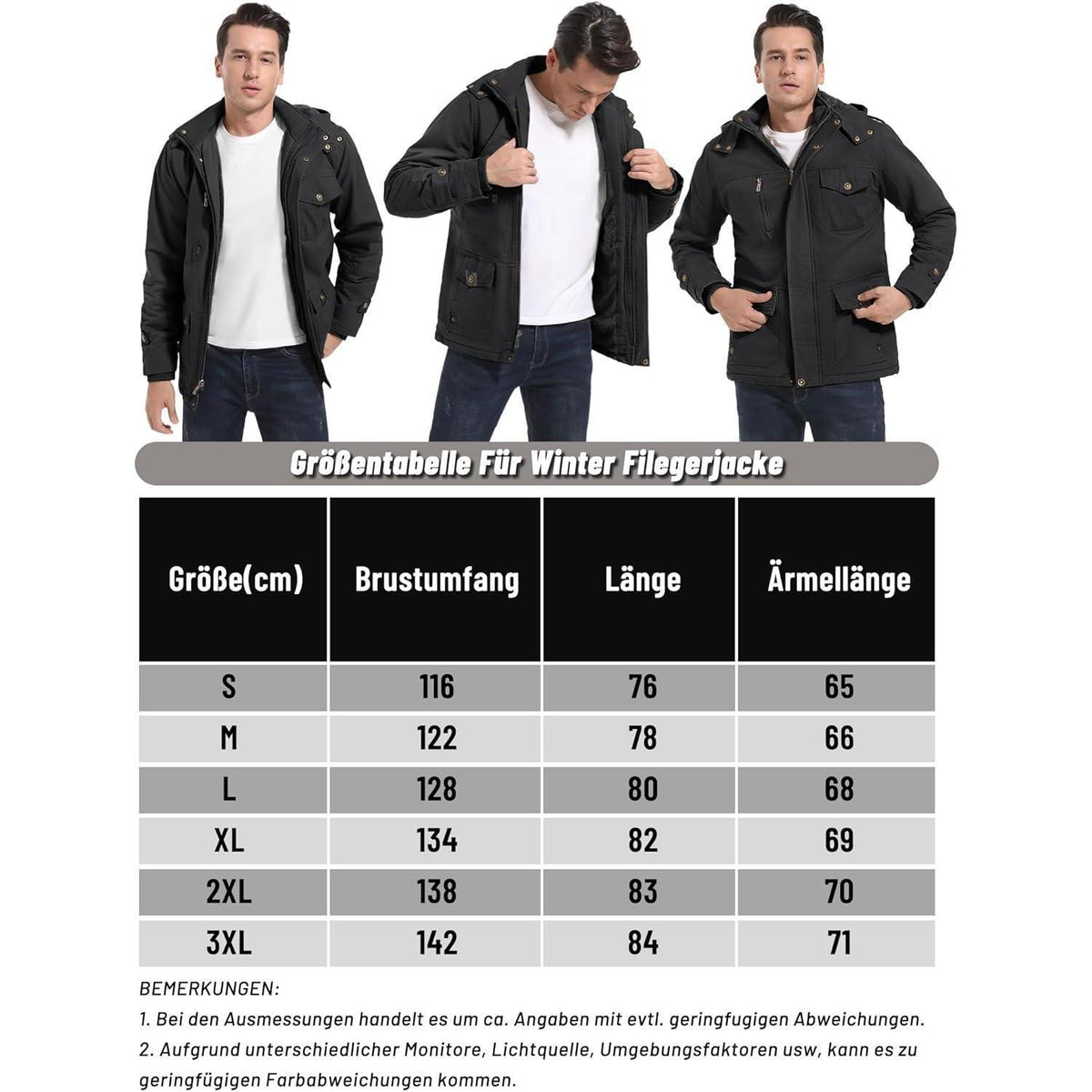 Herren Winterparka mit Kapuze & Cargo Taschen – Schwarz