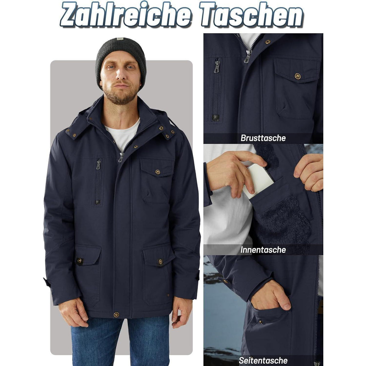 Herren Winterparka mit Kapuze & Cargo Taschen Dunkelblau