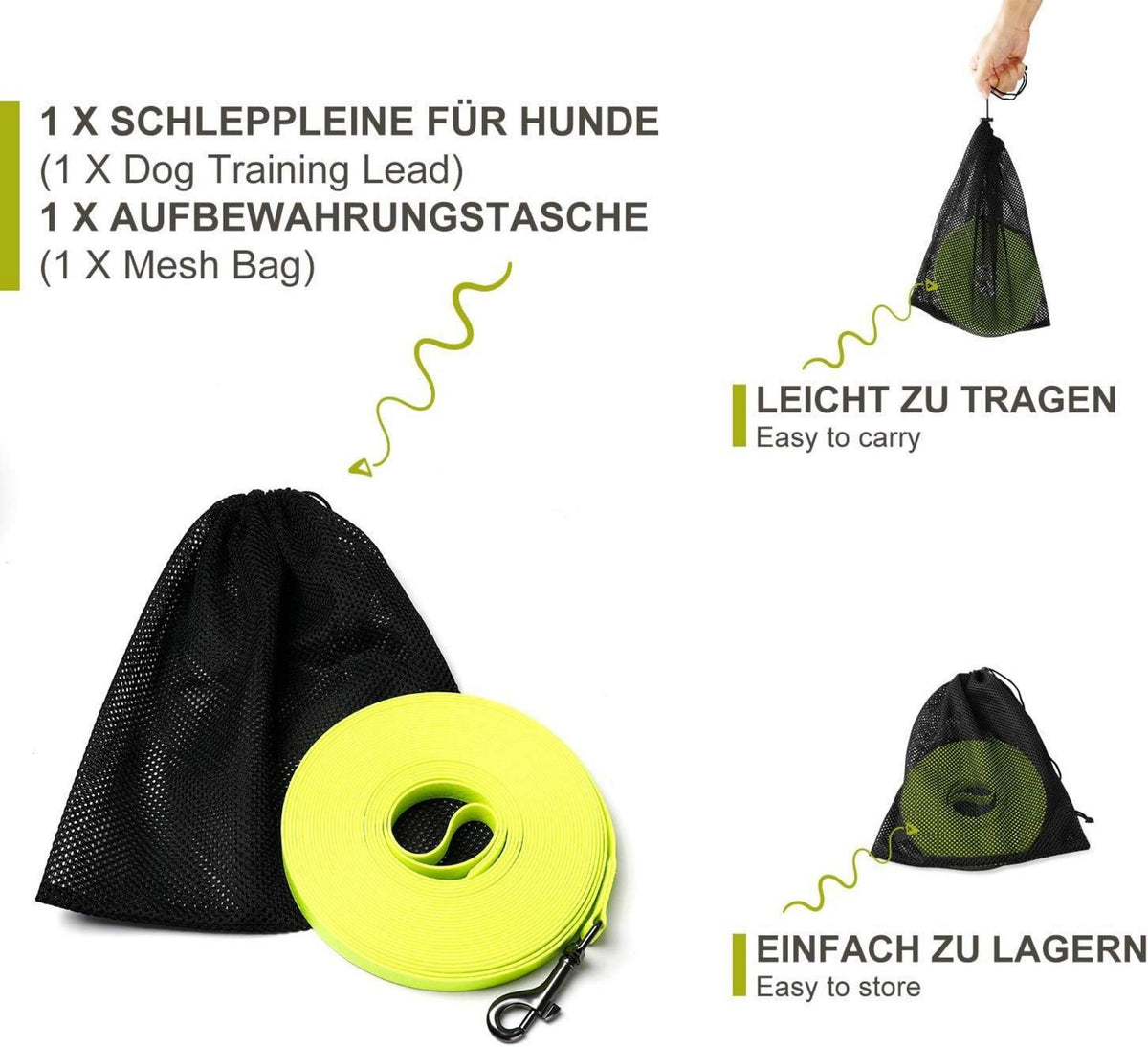 Toozey Hundeschleppleine 5m 10m 15m 20m Neon Gelb wasserdicht robust