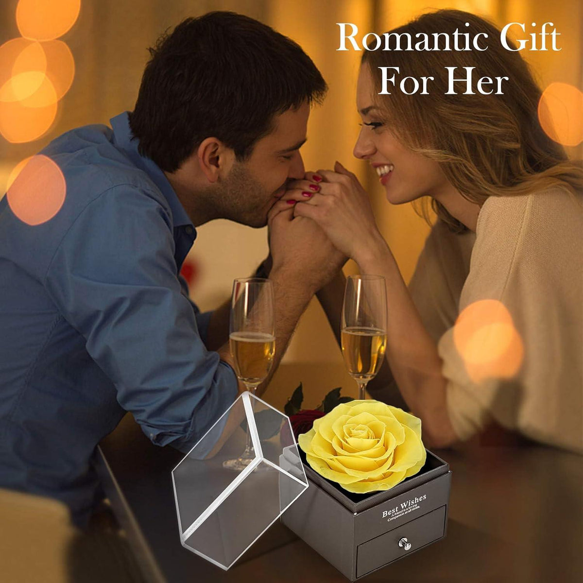 Ewige gelbe Rose in transparenter Geschenkbox mit Brosche