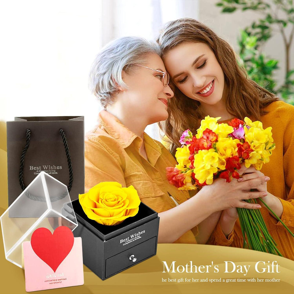 Konservierte gelbe Rose in transparenter Geschenkbox mit Brosche, Valentinstagsgeschenk
