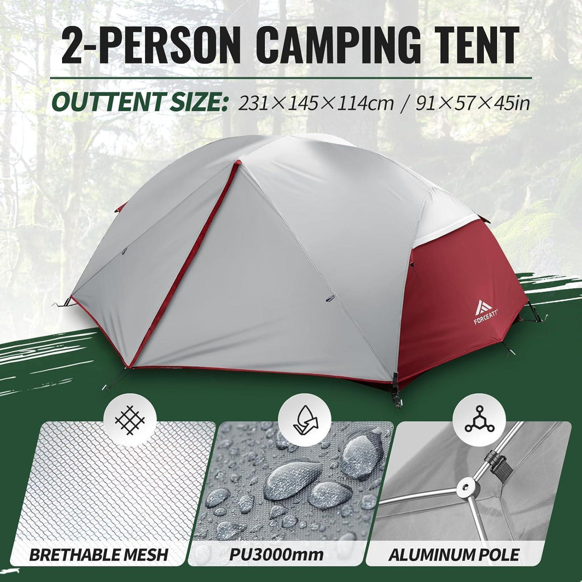 2-3 Personen Campingzelt, wasserdicht, winddicht, ultraleicht, grau/weinrot