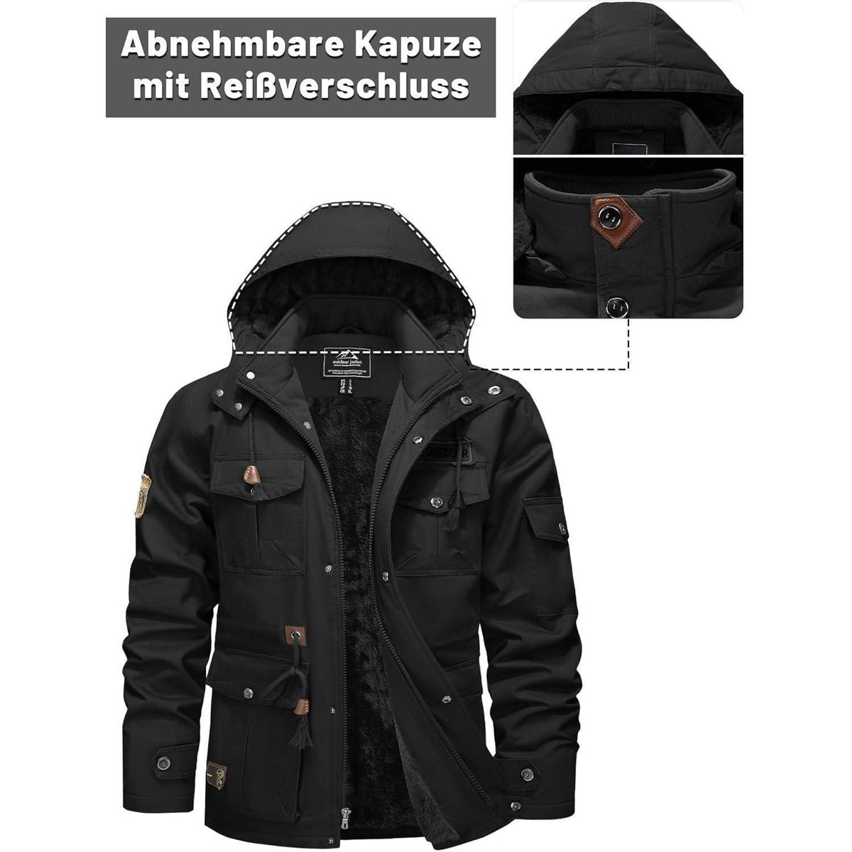 Herren Winterjacke Warm Gefüttert Militärstil Schwarz 3XL