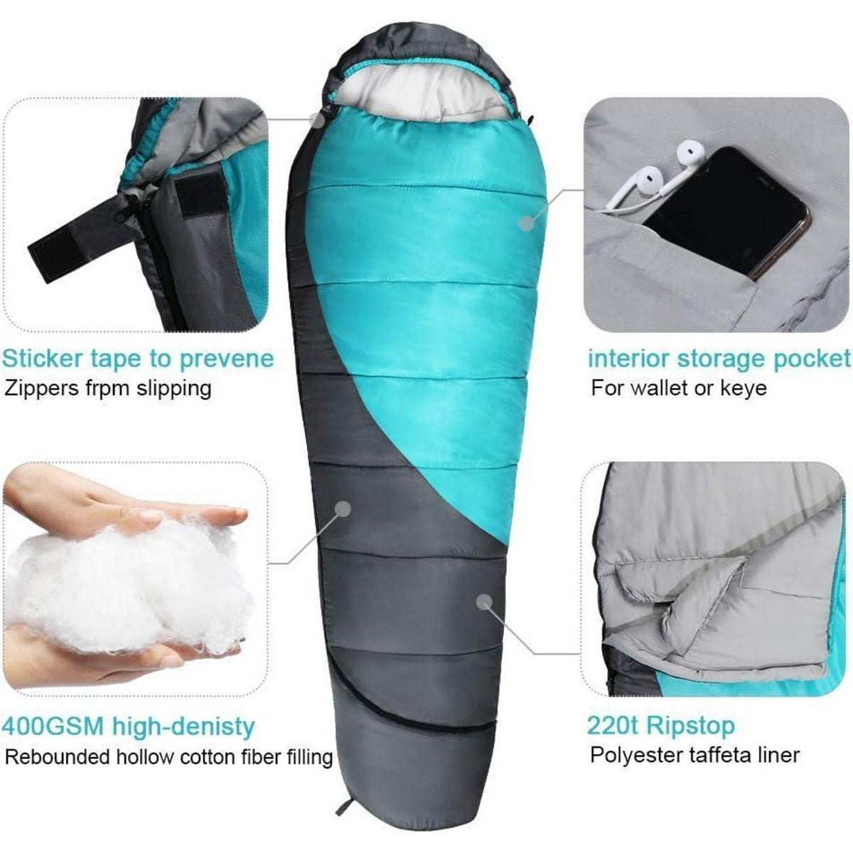 Mumienschlafsack 4 Jahreszeiten -10°C bis 15°C, wasserdicht, ultraleicht, blau-grau
