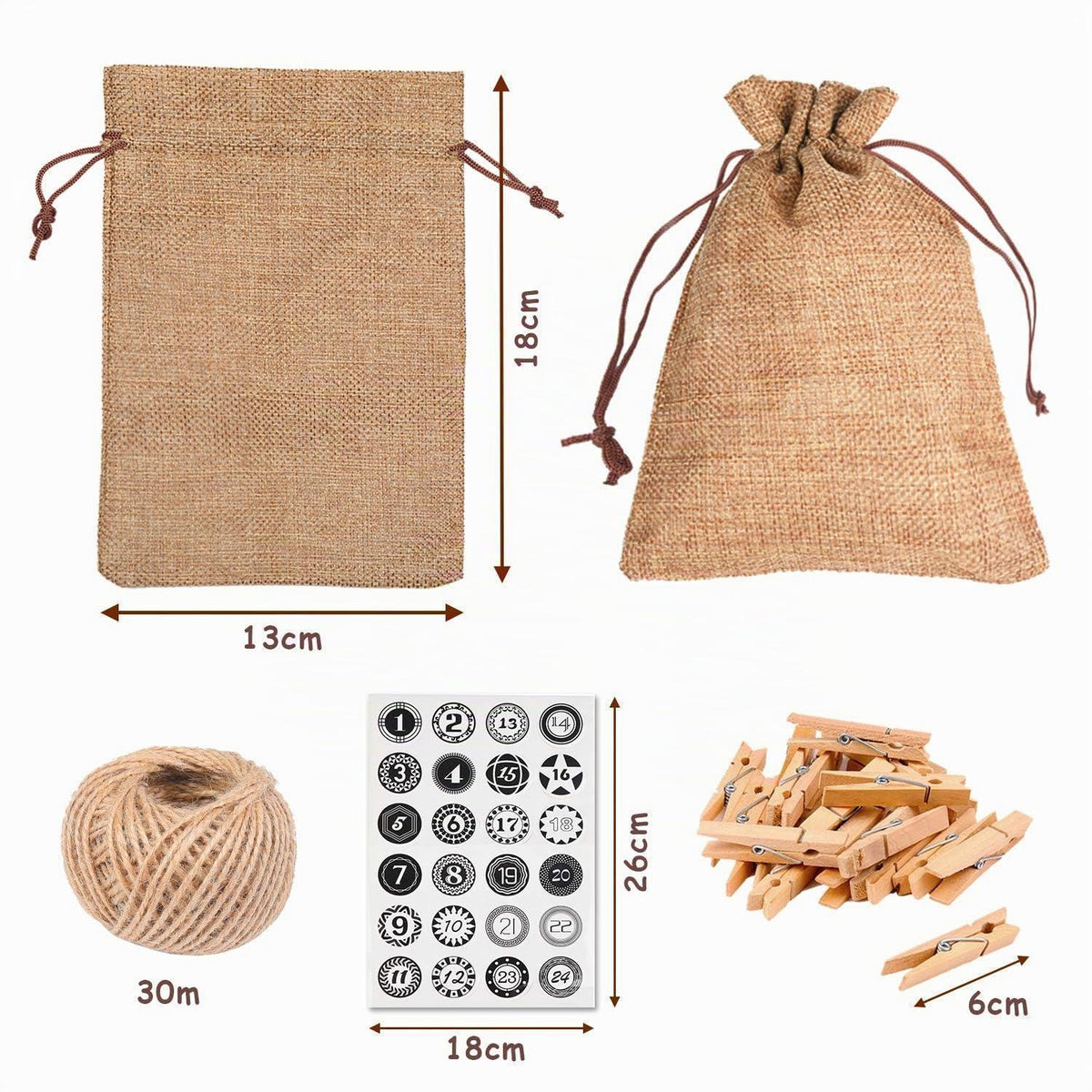 Adventskalender Stoffbeutel Set mit Zahlenaufkleber & Jutebeutel