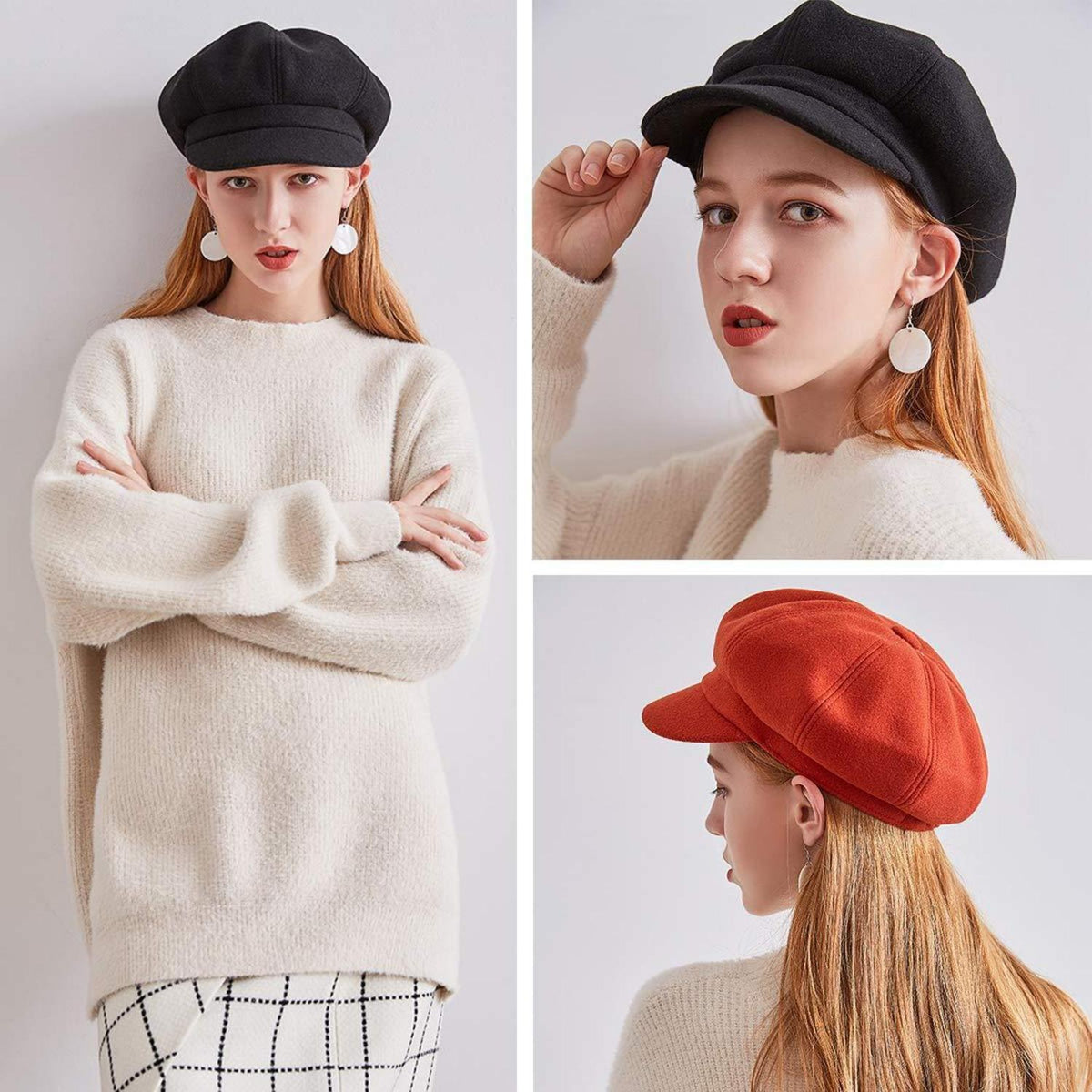Schirmmütze Damen Kunstwolle Vintage mit Kordelzug Schwarz