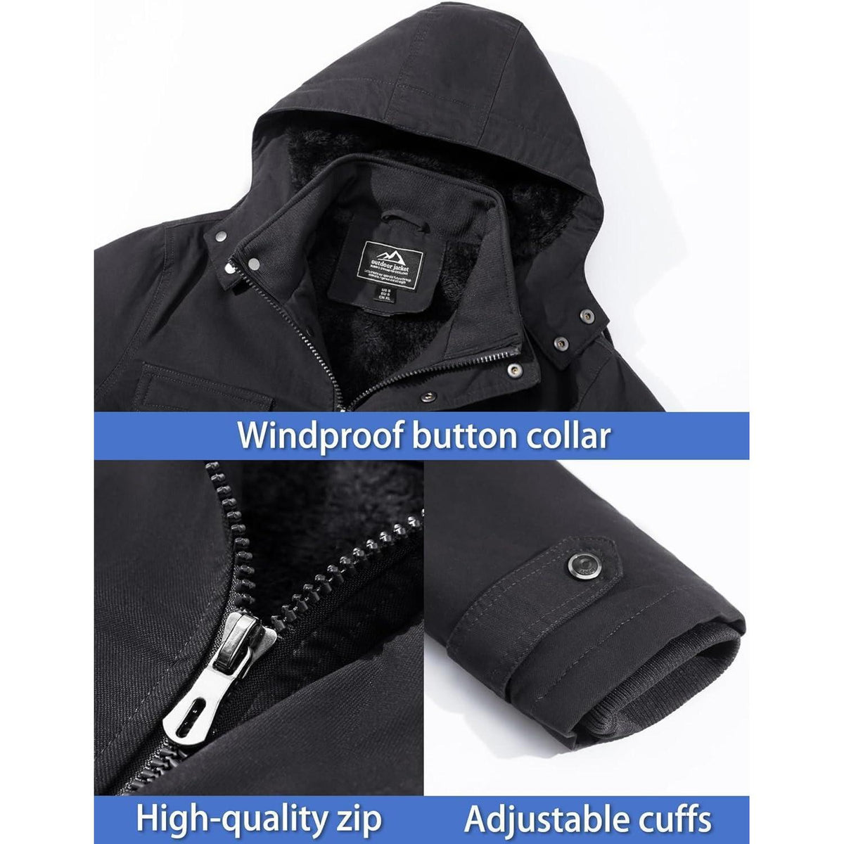 Herren Winterjacke Fleecegefüttert Cargotasche Grau Outdoorjacke
