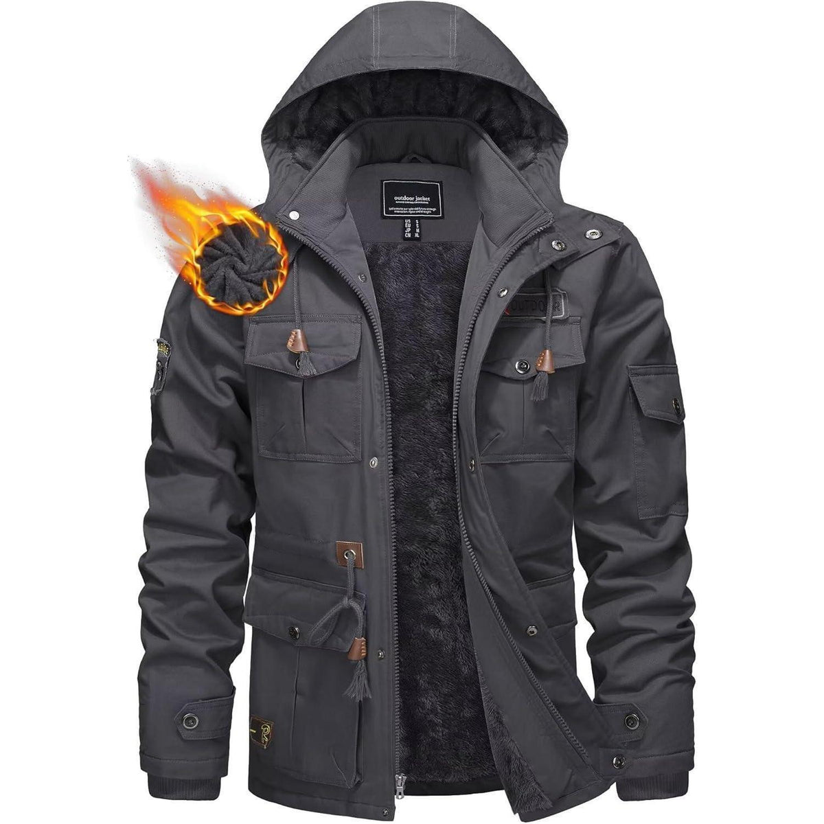 Herren Winterparka Fleecegefüttert mit Taschen & Kapuze Dunkelgrau