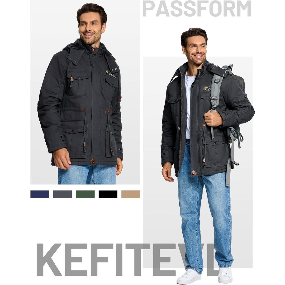 Herren Winterparka Fleecegefüttert mit Taschen & Kapuze Dunkelgrau