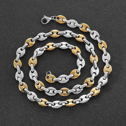 Herren Kaffeebohnen Kette & Armband Set Edelstahl 6mm Silber 51cm