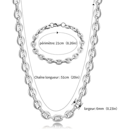 Herren Kaffeebohnen Kette & Armband Set Edelstahl 6mm Silber 51cm